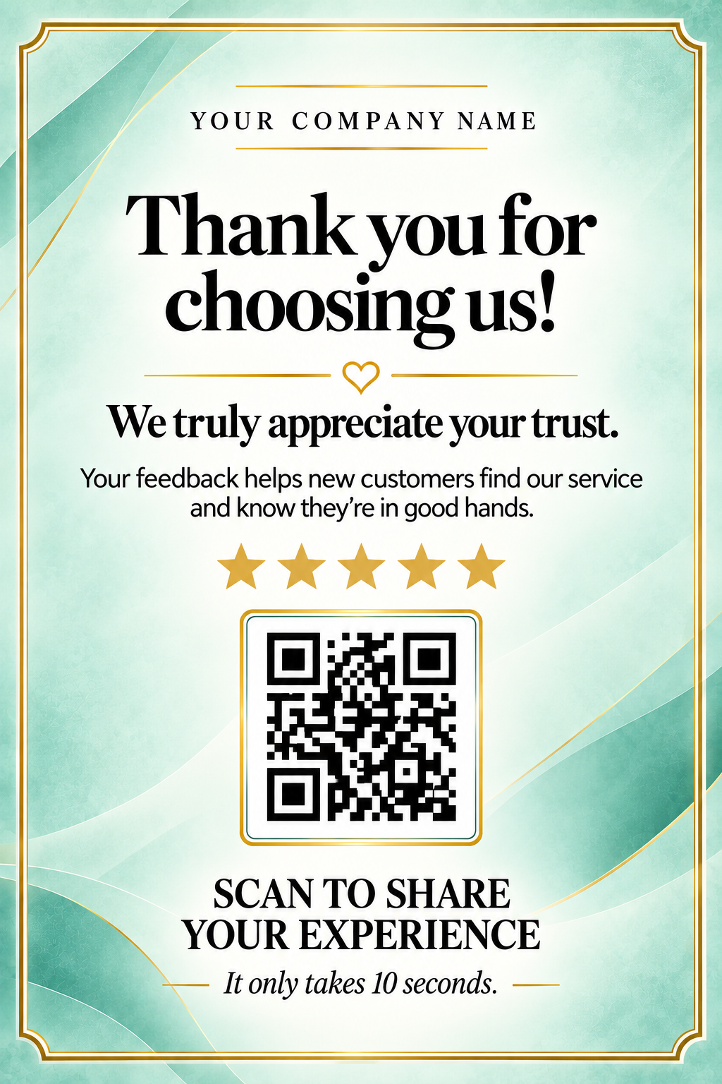Mint green thank-you card with a review QR code